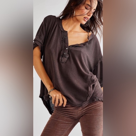 We The Free Tops - NWOT We The Free Black Coffee cotton/linen Henley tee